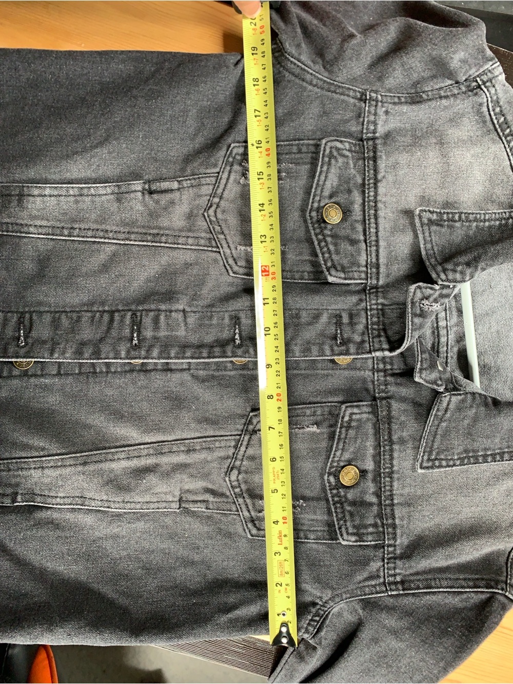 Stretch Denim Trucker Jacket Size M Charcoal Gray Distressed Gold Buttons Y2K - Picture 10 of 12